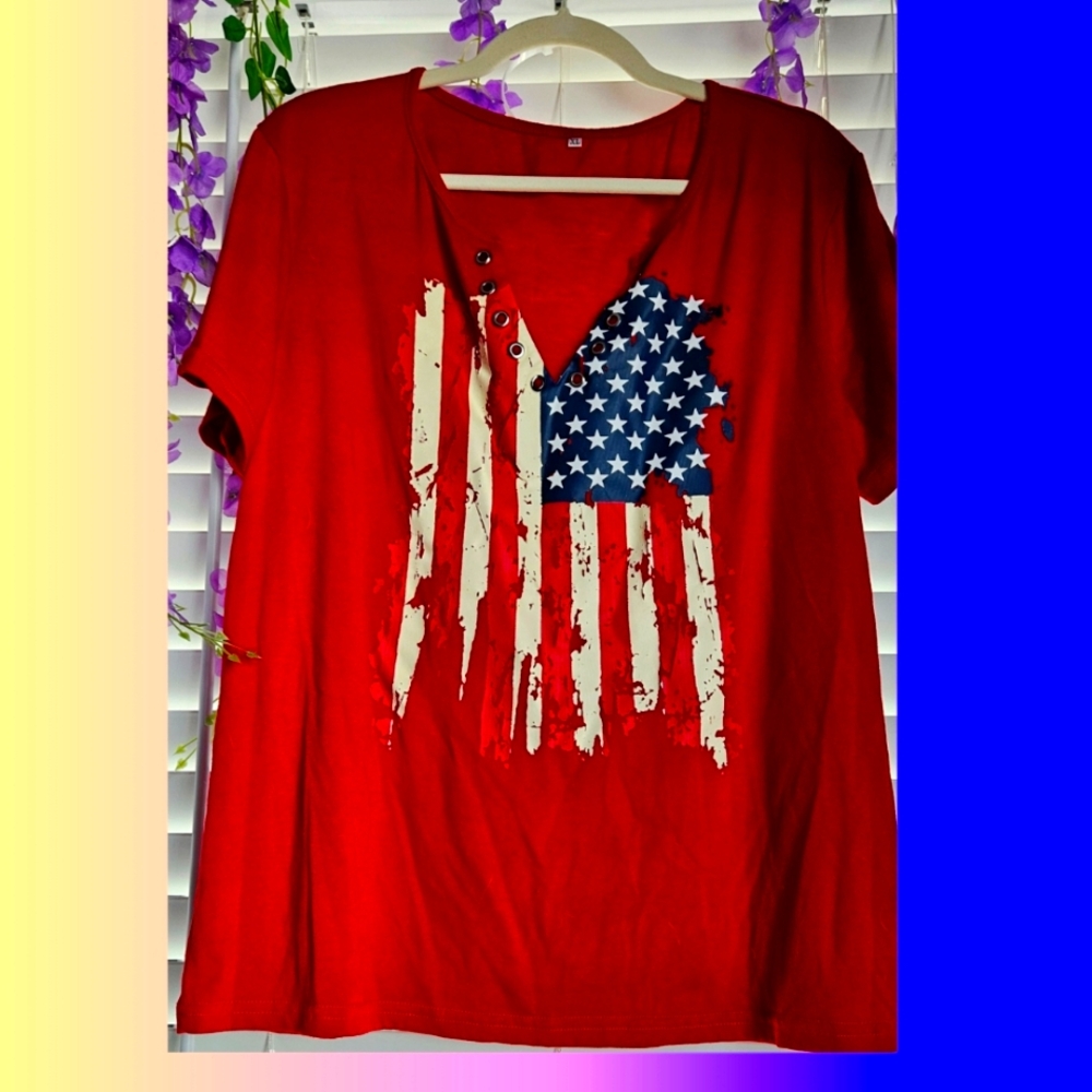 Women's Americana Red With USA Distressed Flag Screen Printing. V-Neck Grommet